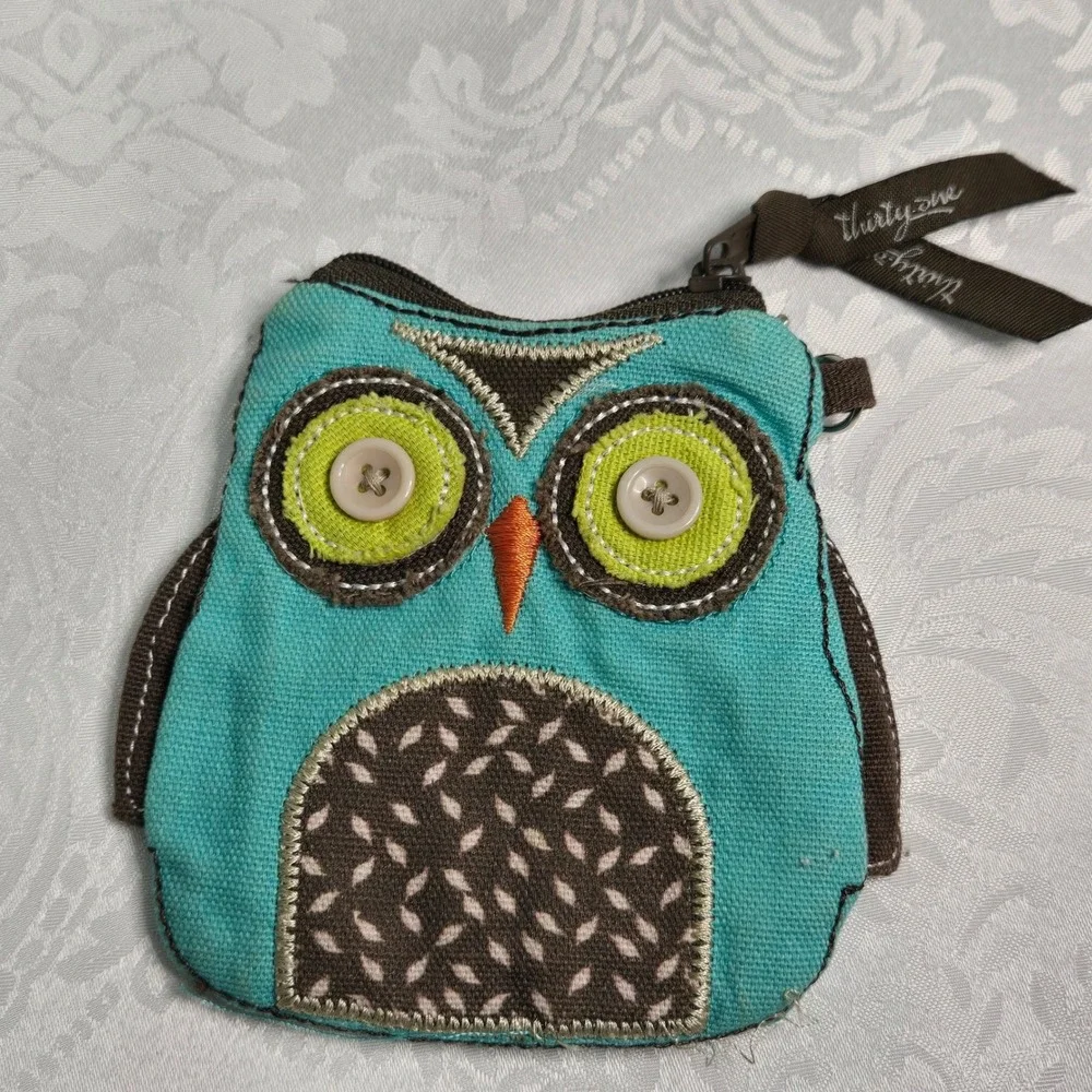 Thirty-One Owl Coin Purse Turquoise Blue Canvas Zipper Pouch with Key Clip
